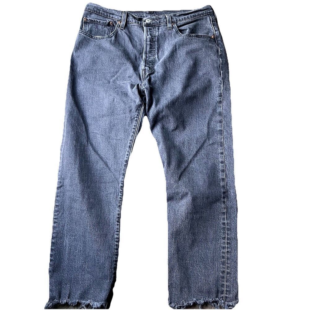 Levi's 501 Black Gray High Rise Crop Raw Hem Jeans Button Fly Women's 32x26